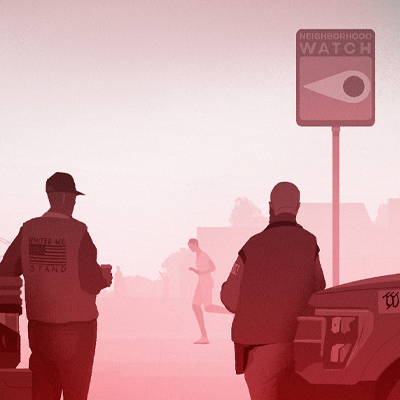 Illustration in pastel colors of two people in shadow leaning against pick up trucks as they observe bystanders as they walk or exercise under a Neighborhood Watch street sign.