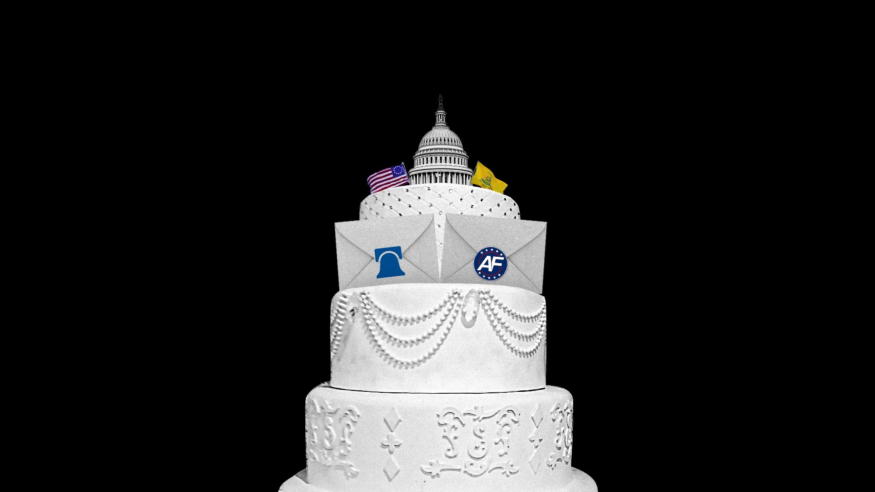 illustration of a wedding cake topped with a model of capital hill and adorned with rightwing symbols