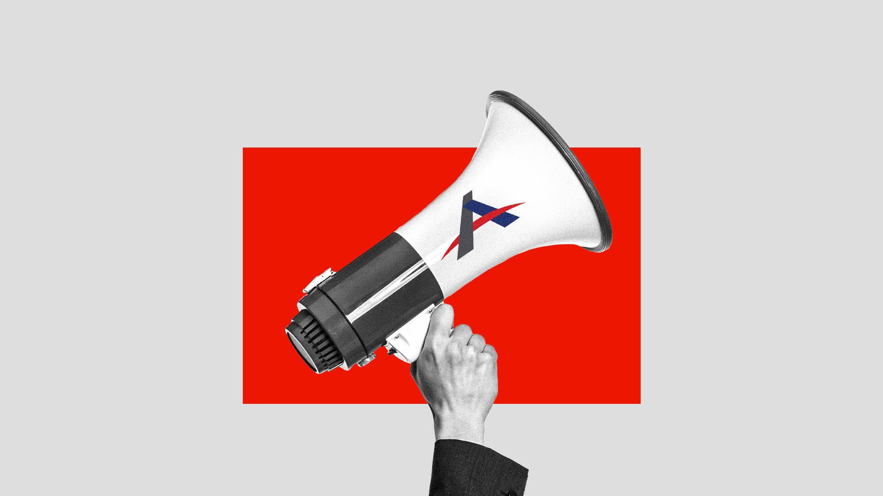 A hand gripping a megaphone with the ADF logo, positioned above a vibrant red square background.