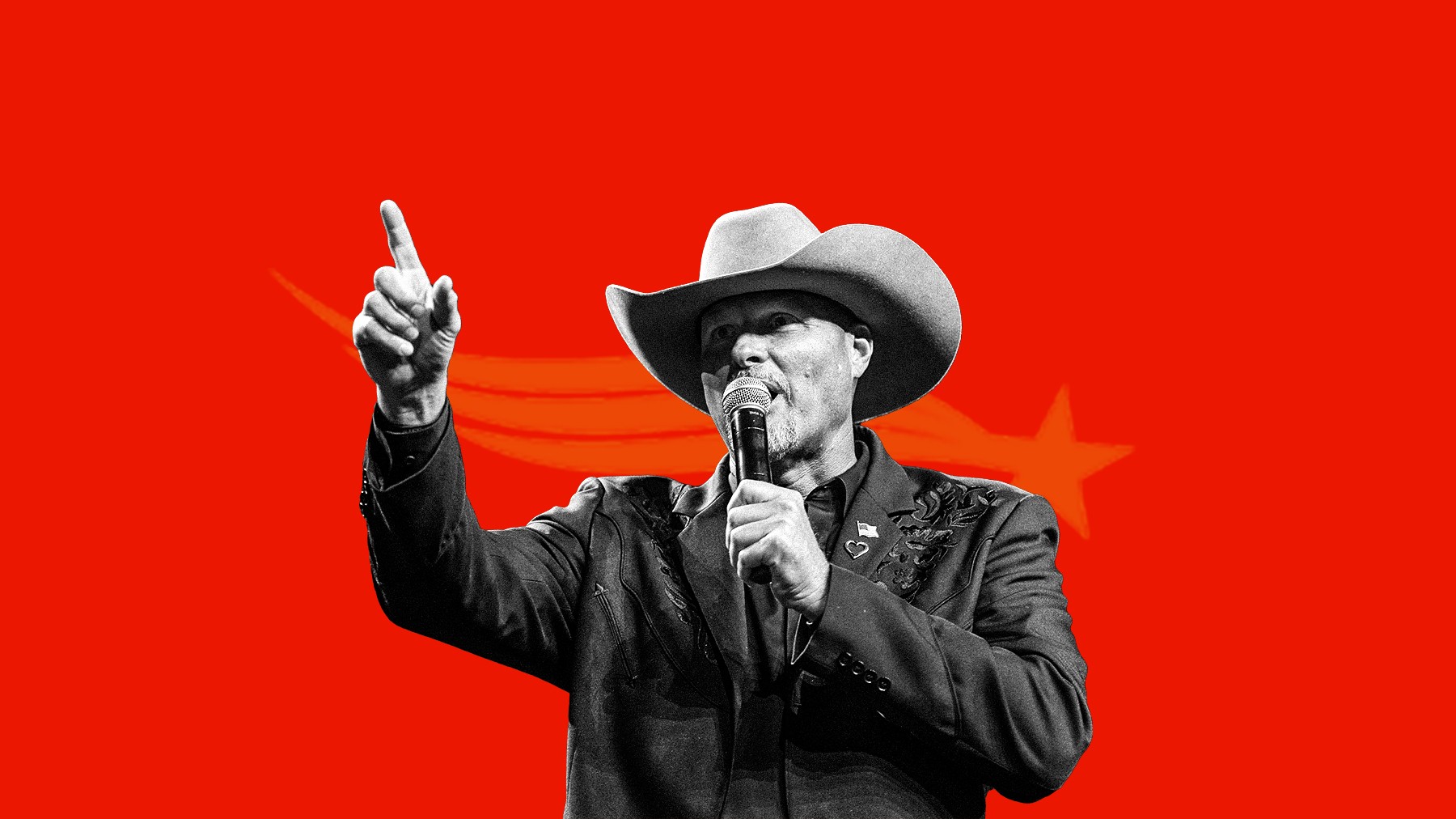 Cutout black and white image of person in cowboy hat holding a microphone over a vibrant background.