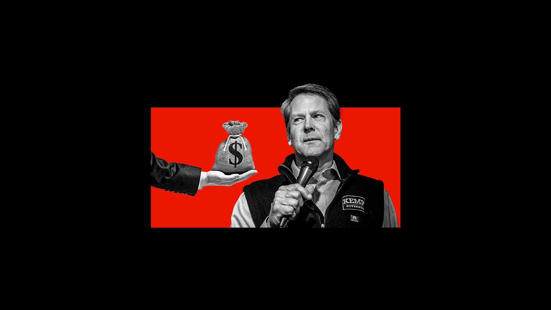 Hand offering bag of money to person holding microphone on a vibrant background.