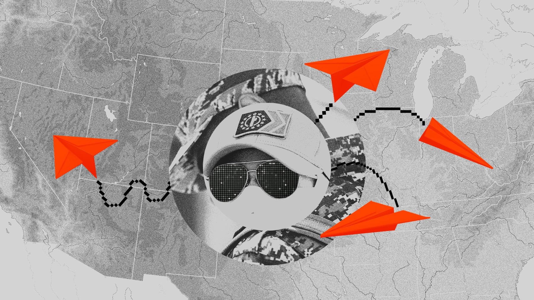 Inset image of covered face wearing a hat with the Patriot Front insignia over an outline map of the United States featuring routing lines to states demarked by email message icons. 