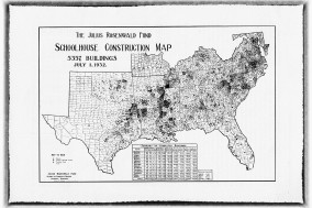 Black and white image of map outlining Southern states and plot markers denoting school locations.