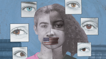 a collage of faces with an American flag on the mouth