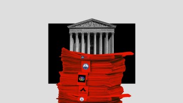 Stack of briefs in red labeled with icons from anti-LGBTQ groups are in front of facade of US Supreme Court building.