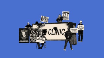 Illustration protesters with signs in front of a sign labeled "Clinic."