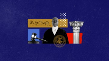 Person dressed in judge's robes surrounded by symbols like the lettering on the US Constitution, a gavel, the seal of the Department of Justice.