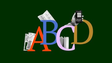 Illustration of reading materials and a cellphone with text messages around letters ABCD on a vibrant background..