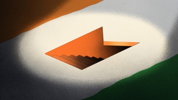 Illustration of spotlight hitting hidden stairway at center of banner representing flag of India colors.