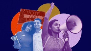 A woman with a megaphone in the foreground of a voting sign and two people waving and American flag over a vibrant background.