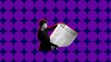 Inset image of Eleanor Roosevelt holding the English-language version of the declaration of Human Rights Day in November 1949 over a vibrant background.