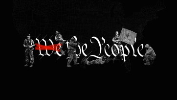 Armed individuals pose around "We the People" script.