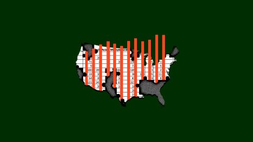 Outline of US map with a spreadsheet of numbers and bar chart inset over a vibrant background.