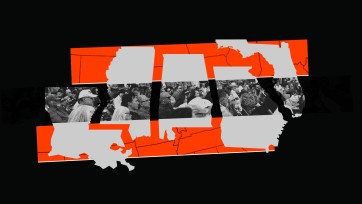 Outline of five Southern states with inset images of from protests over red background.