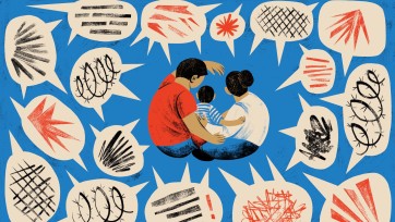 Illustration depicting two adults and a child huddled together amid an onslaught of insults.