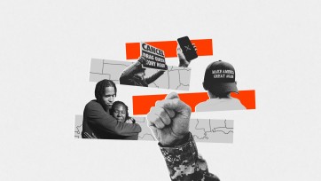 Collage of clipped images from events holding signs, a fist and a person with a backwards hat.