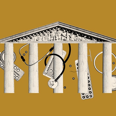 Illustration of columns from Supreme Court Building surrounded by medical equipment and pill cases.