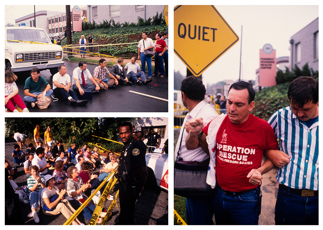 Collage of images showing protesters staging sit-ins or being arrested by police.