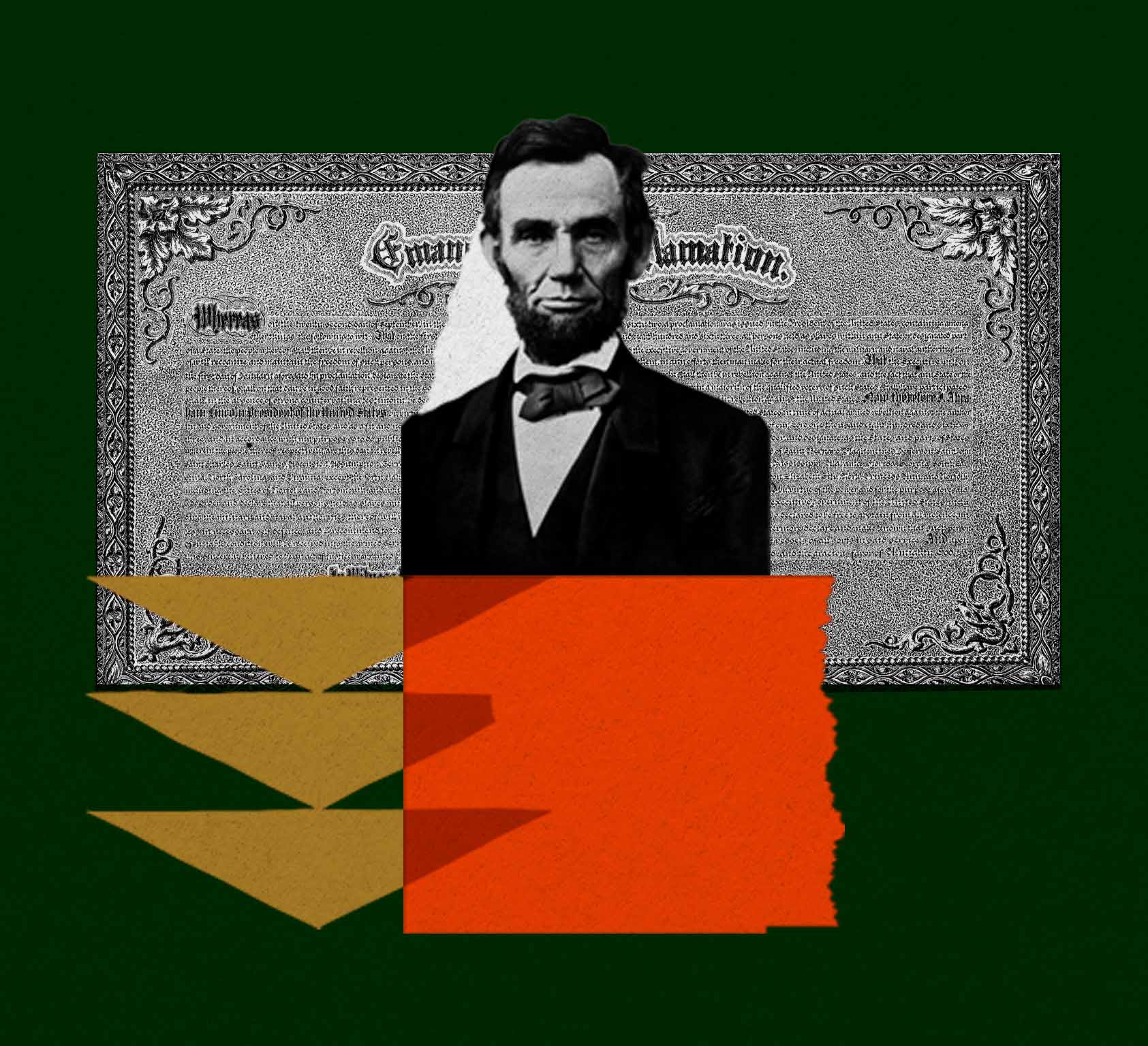 Cutout portrait Abraham Lincoln over a proclamation on a vibrant background.
