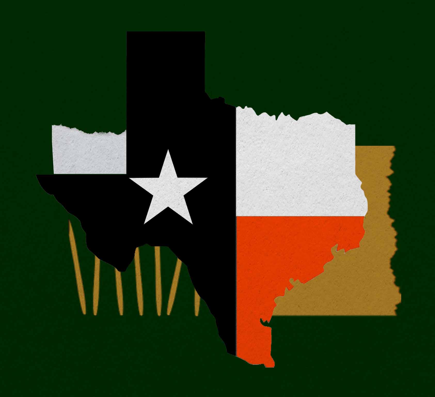 Outline of state of Texas inset with state flag over a vibrant background.