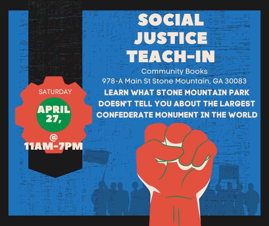 Flyer featuring vibrant colored fist and medallion with protests in background promoting “Social Justice Teach-In” event.