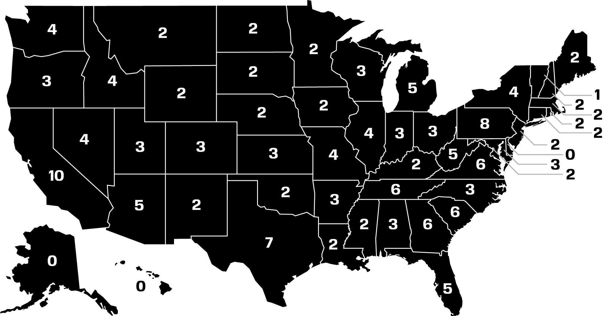 Outline map of US states with number of White Nationalist groups.