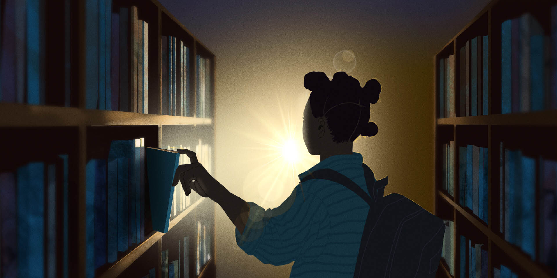 Silhouette of child is backlit while removing a book from a shelf lined with other books in a narrow space.